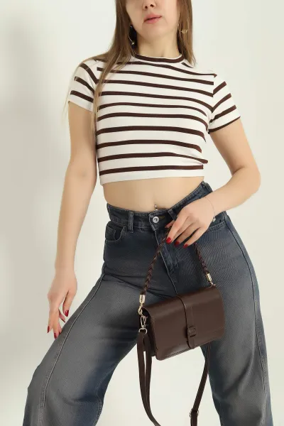 Kahverengi Çizgili Likralı Crop 333897