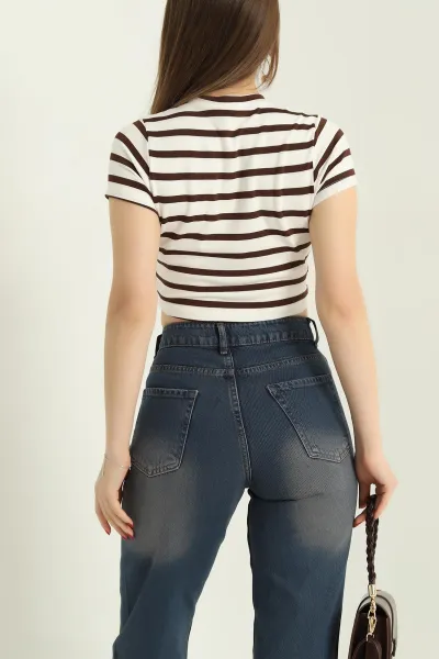 Kahverengi Çizgili Likralı Crop 333897