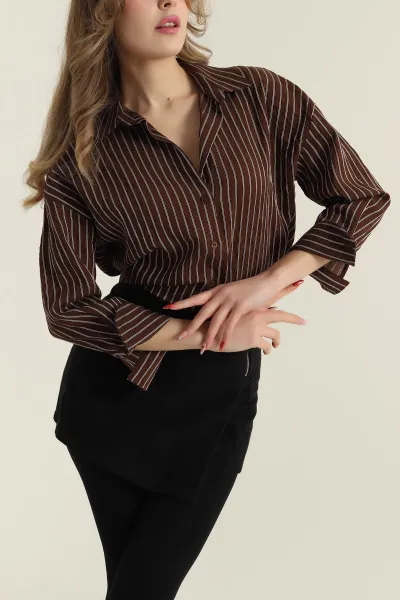 Kahverengi Çizgili Mono Stripe Kadın Gömlek 425455