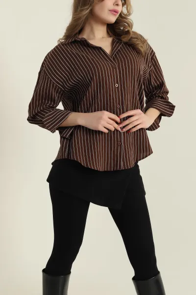 Kahverengi Çizgili Mono Stripe Kadın Gömlek 425455