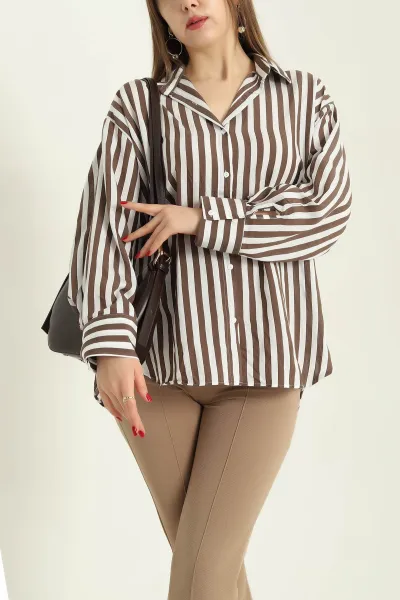 Kahverengi Çizgili Oversize Mikro Saten Gömlek 332415