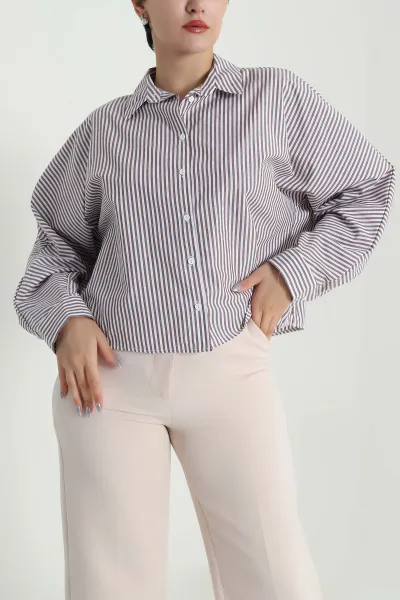 Kahverengi Çizgili Oversize Poplin Kadın Gömlek 479947