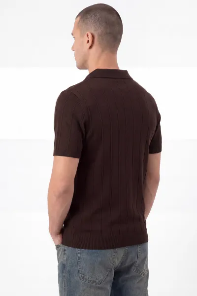 Kahverengi Çizgili Polo Yaka Erkek Triko Tişört 462189