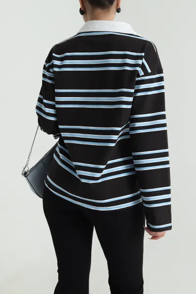 Kahverengi Çizgili Polo Yaka İki İp Kadın Sweat 492569