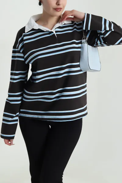 Kahverengi Çizgili Polo Yaka İki İp Kadın Sweat 492569
