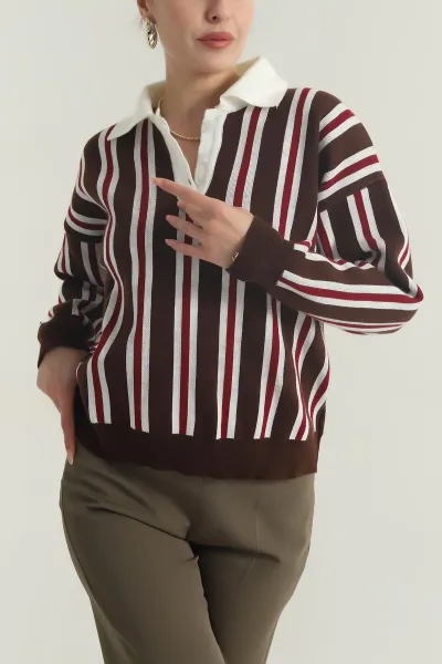 kahverengi-cizgili-polo-yaka-triko-kadin-kazak-401538