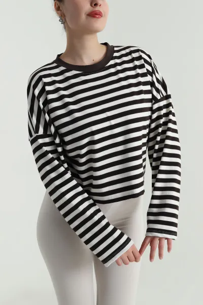 Kahverengi Çizgili Rahat Kalıp Kadın Bluz 498123
