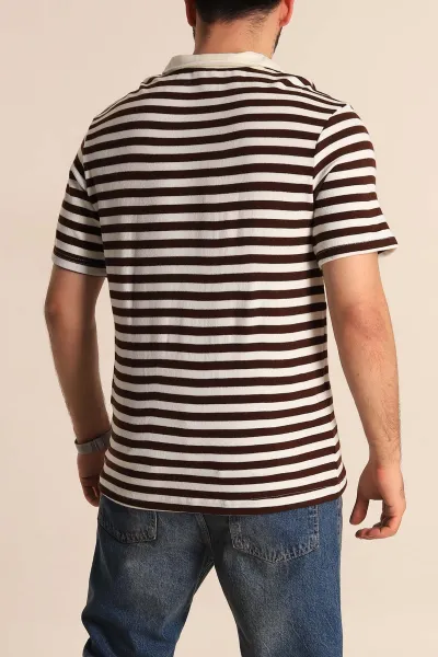 Kahverengi Çizgili Relaxed Fit Polo Yaka Erkek Triko Tişört 276749