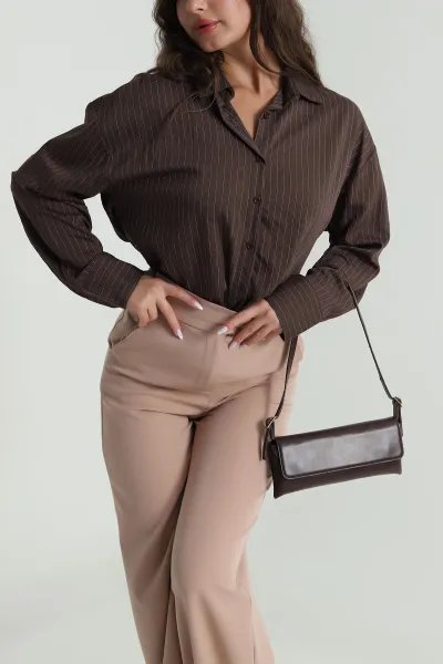 Kahverengi Çizgili Tasarım Kadın Gömlek Bluz 485094