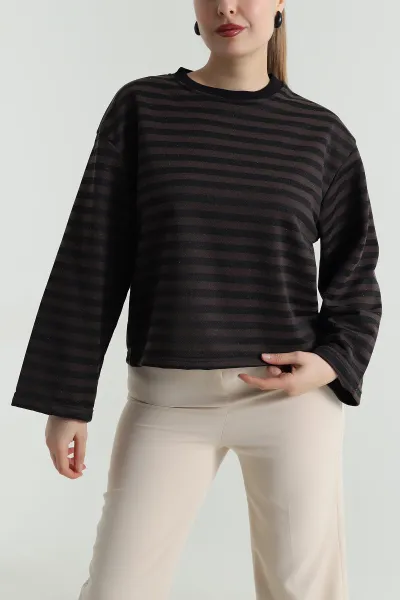 Kahverengi Çizgili Üç İp Kadın Sweat 495927