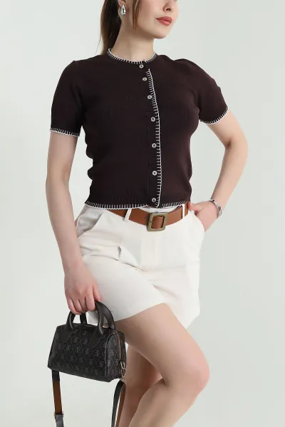 Kahverengi Çoban Dikiş Kadın Polyemid Bluz 466065