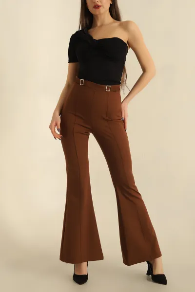 Kahverengi Dabıl Kumaş İspanyol Paça Pantolon 248819