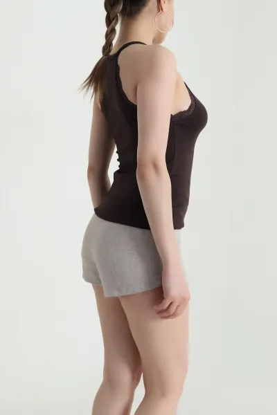 Kahverengi Dantel Detay Halter Kadın Bluz 466471