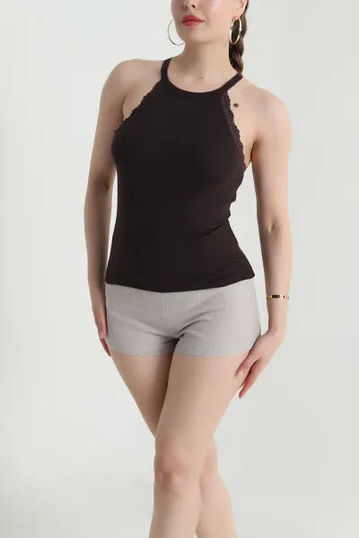 Kahverengi Dantel Detay Halter Kadın Bluz 466471