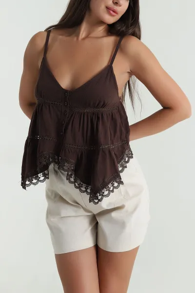 Kahverengi Dantel Düğmeli Keten Kadın Crop 471730
