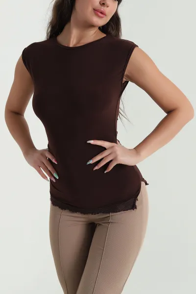 Kahverengi Dantelli Büzgülü Likralı Sandy Kadın Bluz 469484
