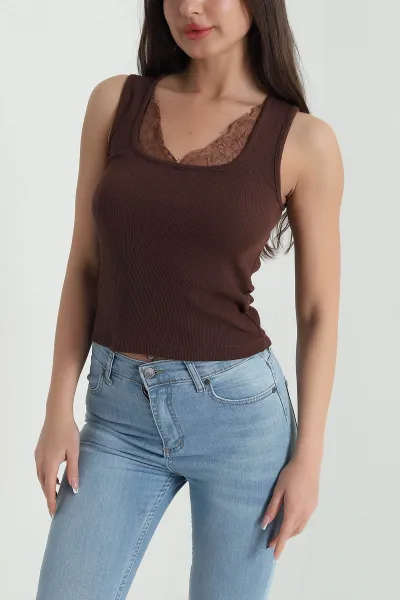 Kahverengi Dantelli Fitilli Kadın Bluz 459296