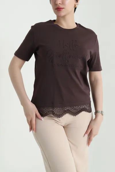 Kahverengi Dantelli İnterlok Kadın Bluz 457619