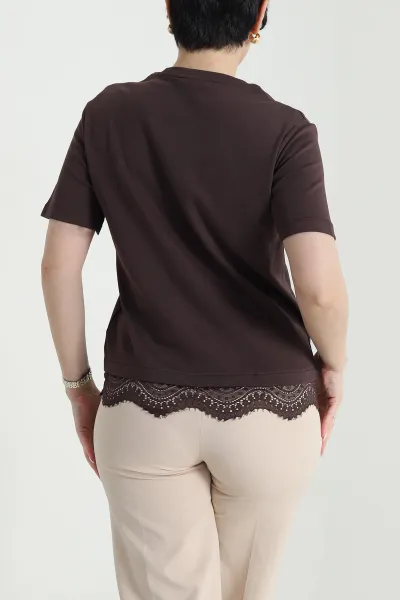 Kahverengi Dantelli İnterlok Kadın Bluz 457619