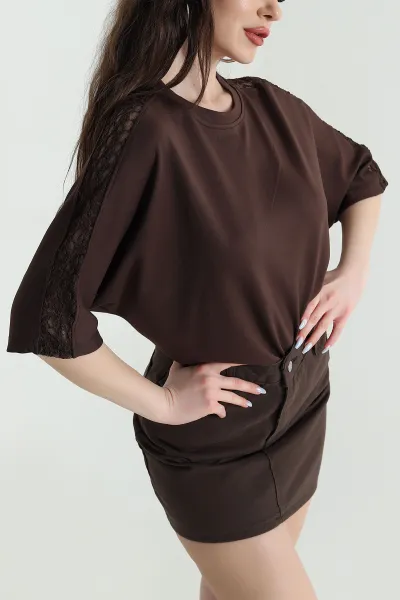 Kahverengi Dantelli Modal Kadın Bluz 451360