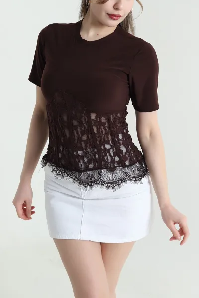 Kahverengi Dantelli Sandy Kadın Bluz 441548