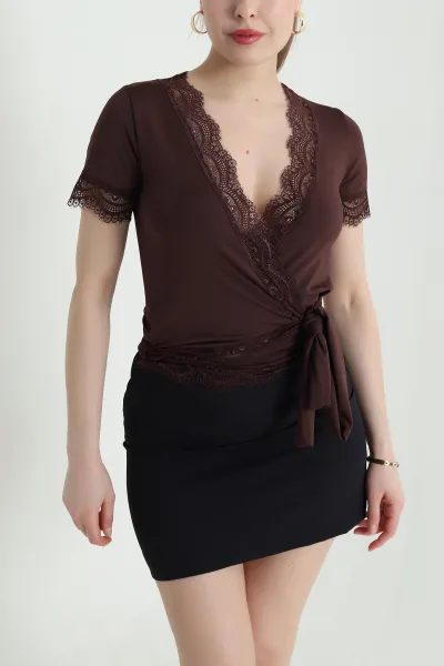 Kahverengi Dantelli Sandy Kadın Bluz 442275