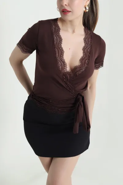 Kahverengi Dantelli Sandy Kadın Bluz 442275