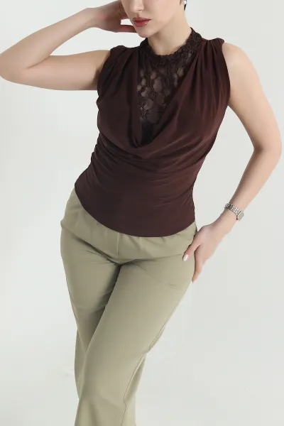 Kahverengi Dantelli Sandy Kadın Bluz 442595