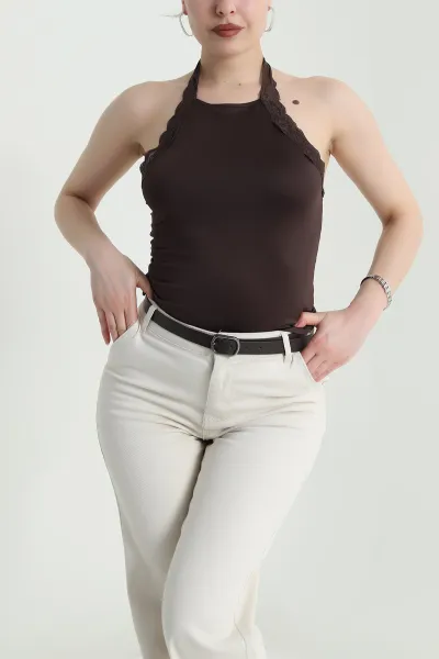 Kahverengi Dantelli Sandy Kadın Bluz 462088