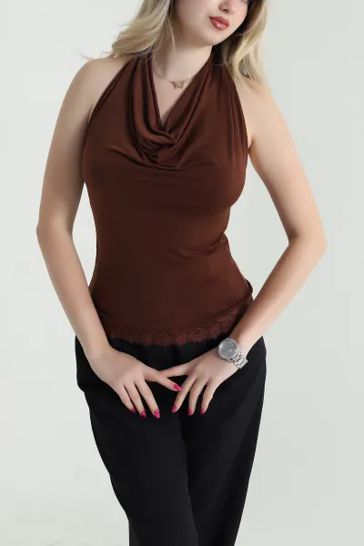 Kahverengi Dantelli Sandy Kadın Bluz 464070