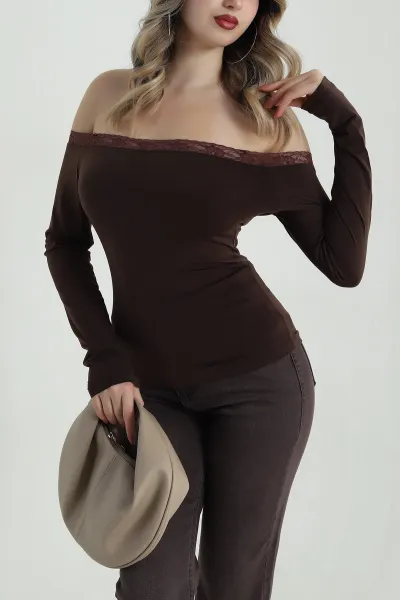 Kahverengi Dantelli Sandy Kadın Bluz 486982