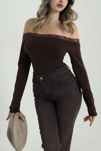 Kahverengi Dantelli Sandy Kadın Bluz 486982