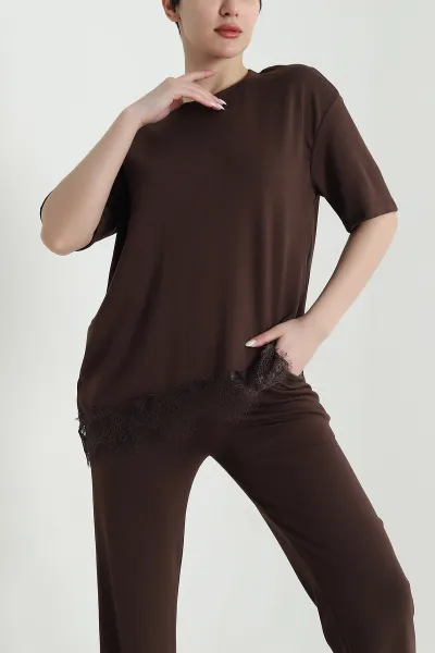Kahverengi Dantelli Tasarım Modal Kadın İkili Takım 447138