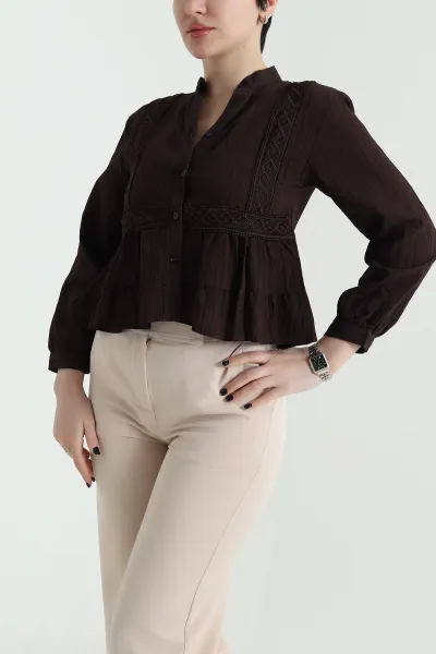 Kahverengi Dantelli Tencel Kadın Gömlek 455174