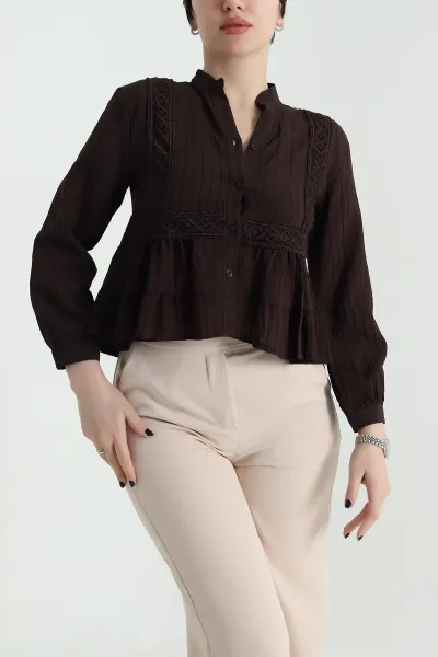 Kahverengi Dantelli Tencel Kadın Gömlek 455174