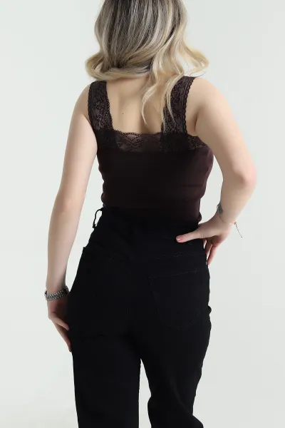 Kahverengi Dantelli Triko Kadın Atlet 456800