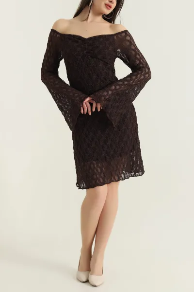 Kahverengi Dantelli Tül Kadın Elbise 429046