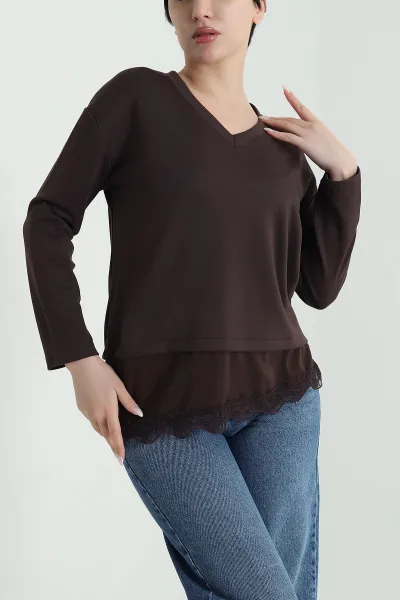 Kahverengi Dantelli V Yaka Kadın Modal Bluz 446656