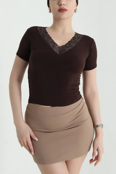 Kahverengi Dantelli V Yaka Sandy Kadın Bluz 450403