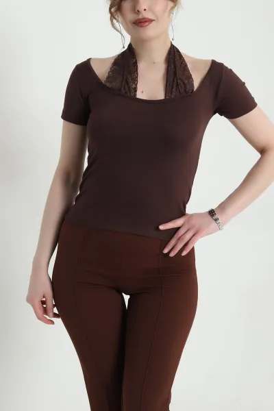 Kahverengi Dantelli Viskon Kadın Bluz 453108