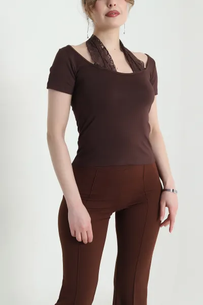 Kahverengi Dantelli Viskon Kadın Bluz 453108