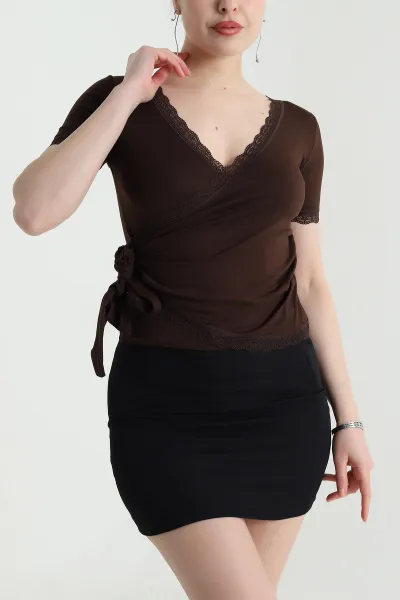 Kahverengi Dantelli Viskon Kadın Bluz 455791