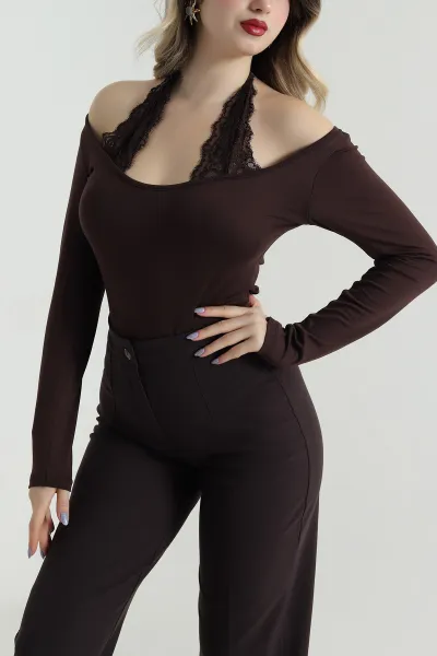 Kahverengi Dantelli Viskon Kadın Bluz 496148