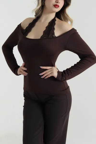 Kahverengi Dantelli Viskon Kadın Bluz 496148