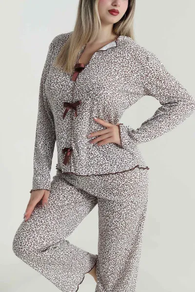 Kahverengi Desenli Pointel Kadın Pijama Takımı 487761