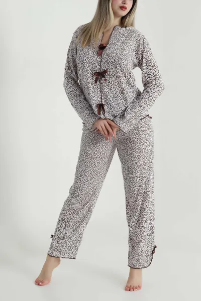 Kahverengi Desenli Pointel Kadın Pijama Takımı 487761
