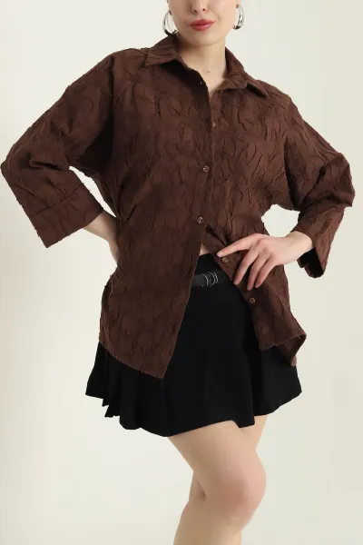 Kahverengi Desenli Yakma Reglan Kol Kadın Gömlek 431581
