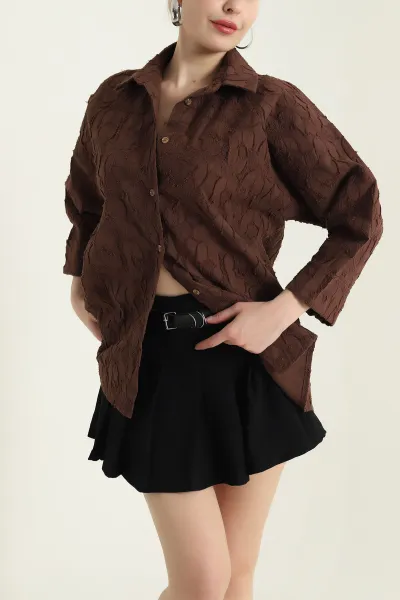 Kahverengi Desenli Yakma Reglan Kol Kadın Gömlek 431581