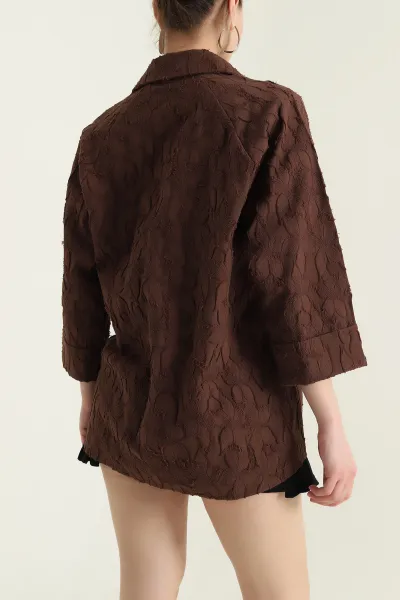 Kahverengi Desenli Yakma Reglan Kol Kadın Gömlek 431581