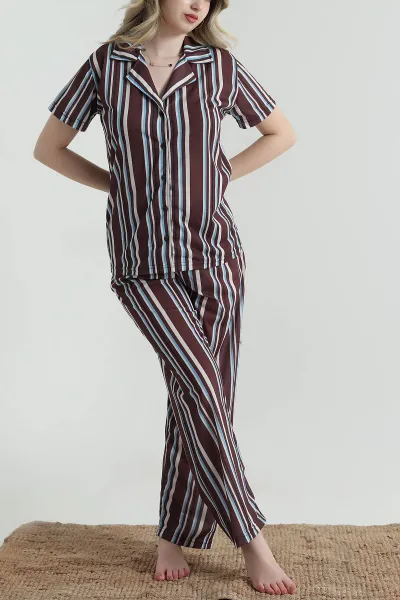 Kahverengi Digital Baskılı Kadın Pijama Takımı 459202